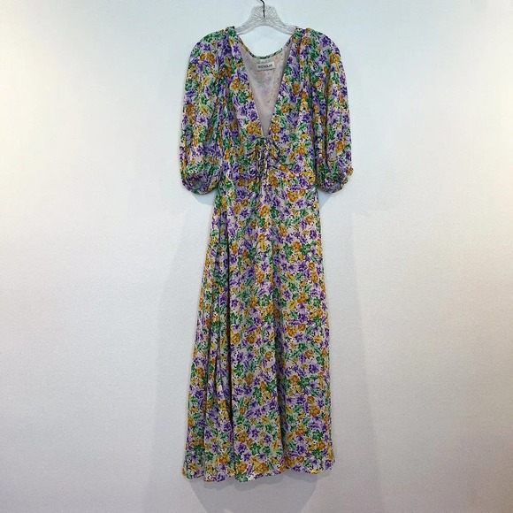 Nicholas Danielle Floral Deep V Neck Preppy Quarter Sleeve Tie Front Maxi Dress - Picture 2 of 9